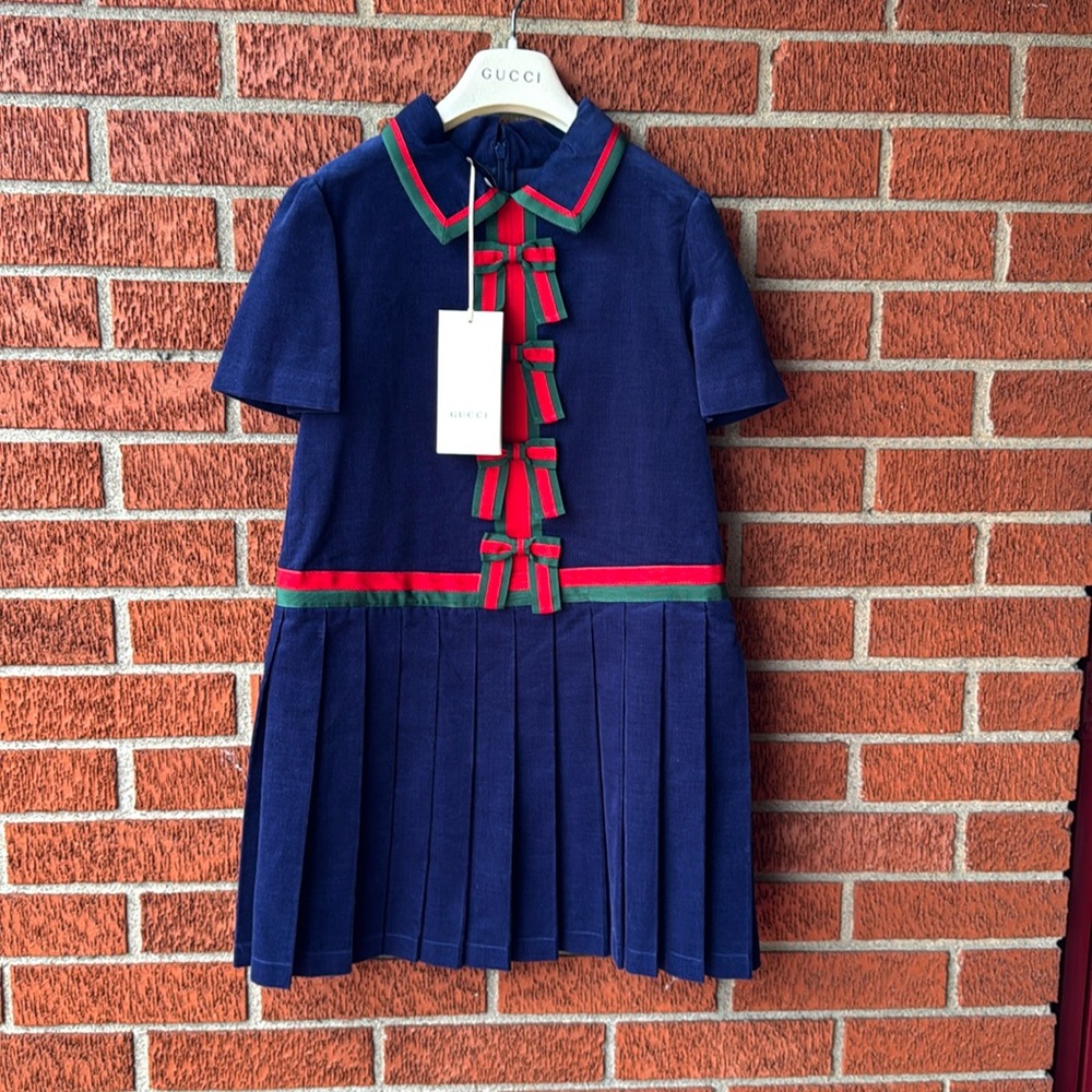 Gucci girl dress RIBBON CORDUROY short sleeve blue NWT